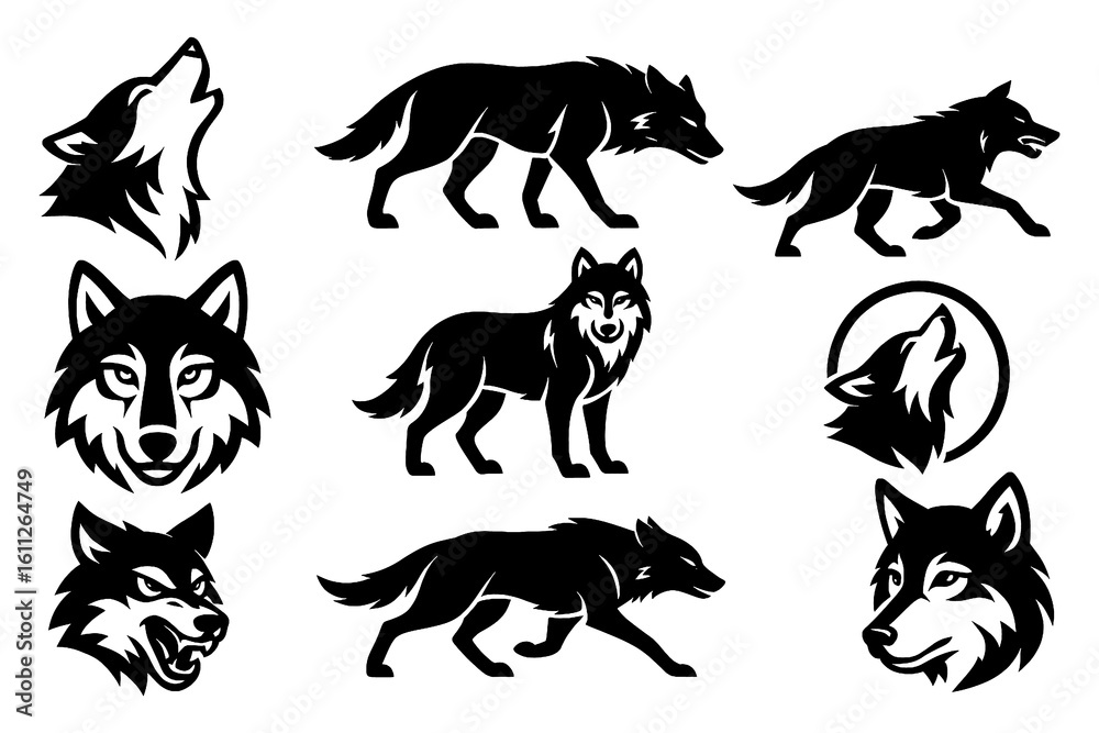 Fototapeta premium Black wolf silhouettes in walking, howling, and head emblem designs, Transparent Background