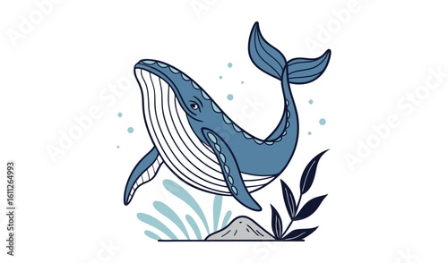 Whimsical blue whale illustration with underwater plants and bubbles