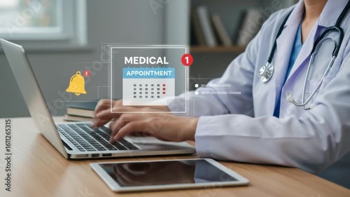 Doctor types on laptop with medical appointment notification and tablet on desk in office setting