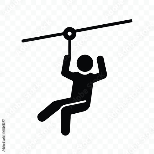 Monochrome Graphic Icon Depicting Ziplining Man with Helmet and Safety Harness Equipment Over a Cloud Shape