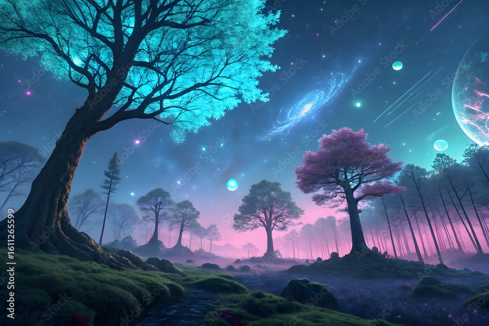 Obraz premium Dark blue night sky with a bright moon and stars illuminating a tranquil forest landscape with silhouetted trees and snowy mountains