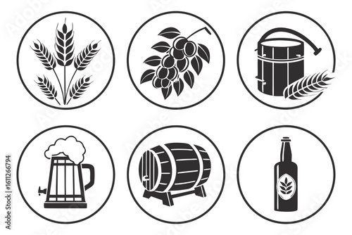 Beer Making Ingredients and Equipment Icons.
