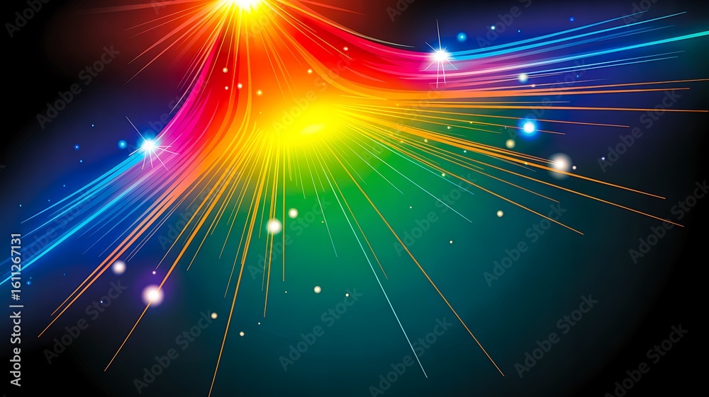 Naklejka premium Abstract rainbow light burst with glowing motion and spark effects on dark background