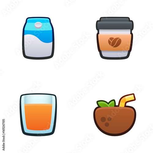 Beverages icon set. Isolated vector illustration of mobile game sprites. Design for stickers, logo, mobile app. Arcade or match 3 2d graphics game asset. Flat 3d item sprites sheet.