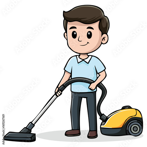 Man using a vacuum cleaner, cartoon clipart illustration, isolated 