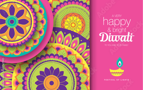 Diwali festival greeting card with colorful rangoli background
