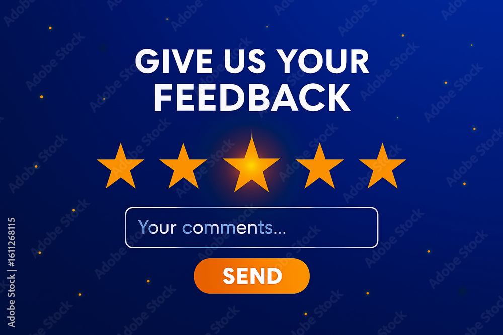 Fototapeta premium “Give Us Your Feedback” UI Design with Glowing Mid-Star Rating, Comment Input Box, and Orange ‘Send’ Button on Blue Dotted Background – Digital Review Form Interface