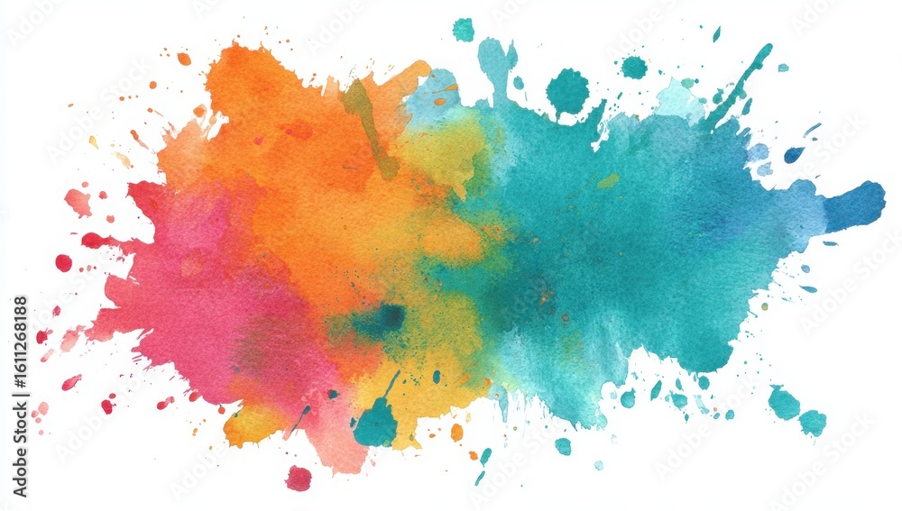 Fototapeta premium A vibrant watercolor splash of pink, orange, yellow, and teal creates a dynamic and artistic effect, perfect for adding a creative touch to any design.