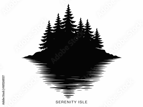 Foto Serenity Isle Black Silhouette of Evergreen Trees Reflecting in Water Minimalist
