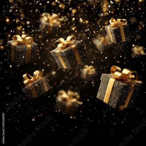 Floating Black and Gold Gift Boxes with Sparkling Background Effects