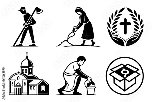 Collection of Stylized Icons Representing Work and Faith.