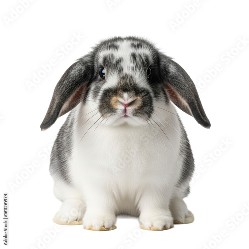 A young, adorable Holland Lop rabbit with fluffy black and white spotted fur and long floppy ears, sitting calmly against a transparent studio background with copy space, no shadows, looking