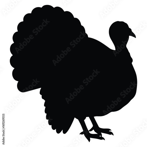Black silhouette of a turkey bird displaying its elegant and plump body on white background