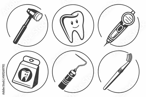 Dental Care Icons Toothbrush Floss and Tools.