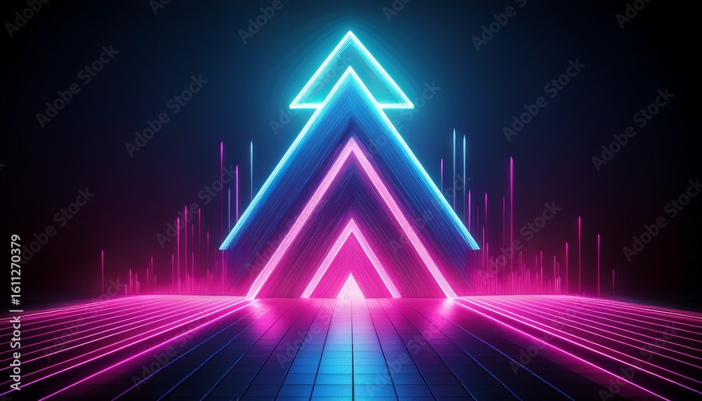 Fototapeta premium in the darkness a beam from above illuminates a bright neon arrow pointing upwards conveying a sense of growth and progress with its vibrant hues of pink and blue