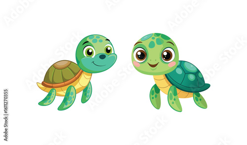 Two cute cartoon sea turtles smiling and looking friendly