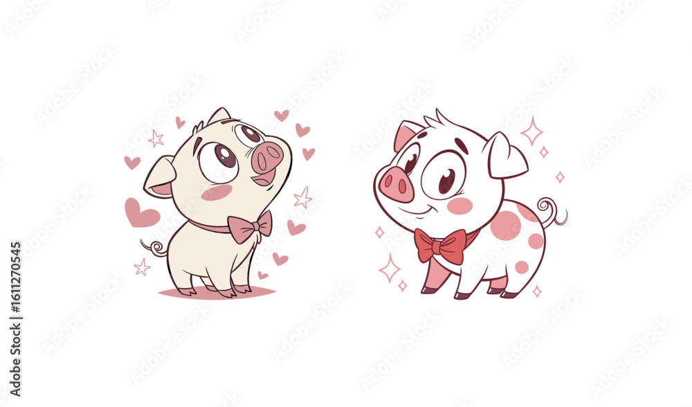 Fototapeta premium Cute cartoon pigs with hearts and bows on a white background