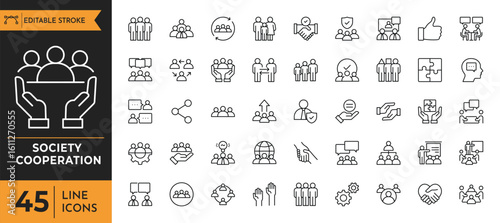 Society cooperation icon set. Contain icons related to showing global society and cooperation concepts. Editable stroke. Vector illustration