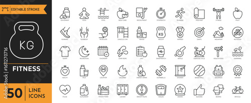 Fitness icon set. Containing exercise, workout, strength, endurance, health, wellness, cardiovascular, muscle and more. Editable stroke. vector illustration