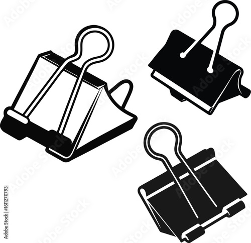 Binder clip silhouette set, binder clip icon, office supply vector, stationery clamp silhouette, binder clip silhouette vector illustration 