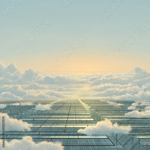 Futuristic Landscape with Solar Panels and Vast Cloudy Sky at Dawn