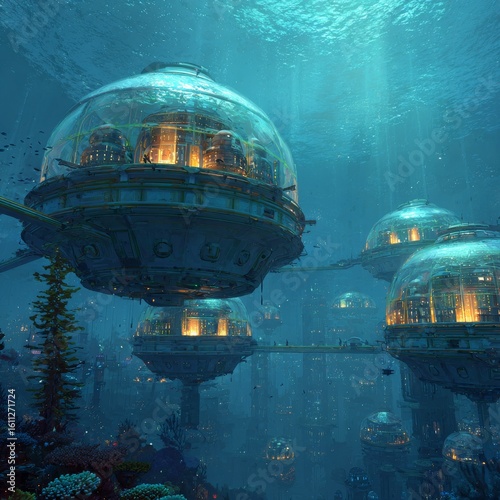 Futuristic Underwater Cities with Bioluminescent Structures and Flora