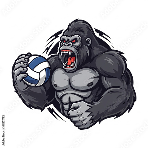 Illustration of an aggressive gorilla holding a volleyball, showcasing its muscular build and fierce expression.