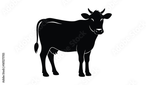 Black silhouette of a dairy cow standing on a white background