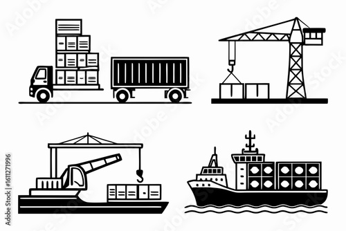 Logistics and Transportation Icons Shipping Cranes and Trucks.