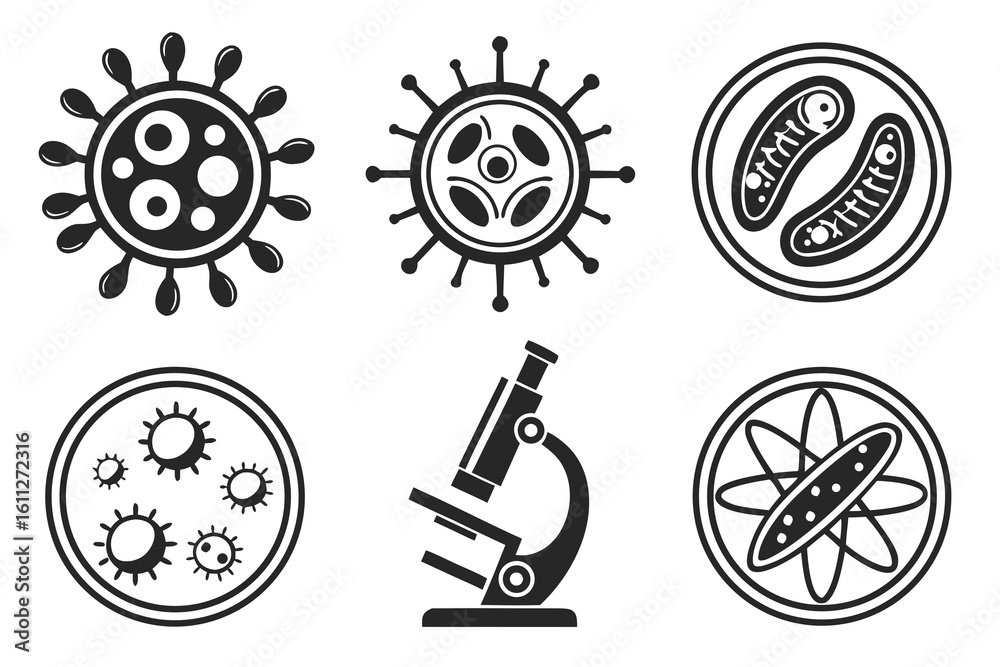Obraz premium Microscopic Organisms and Scientific Equipment Icons.
