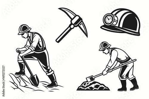 Miners Working with Tools and Helmets.