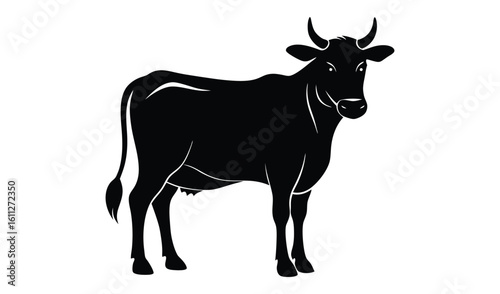 Black silhouette of a standing cow with horns on a white background