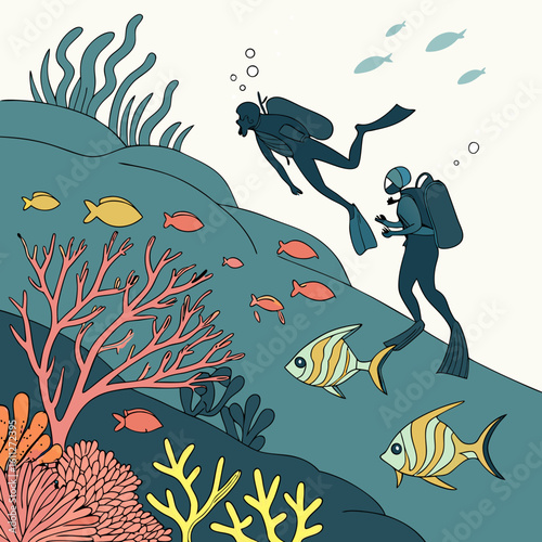 Two Scuba Divers Exploring Vibrant Coral Reef Underwater