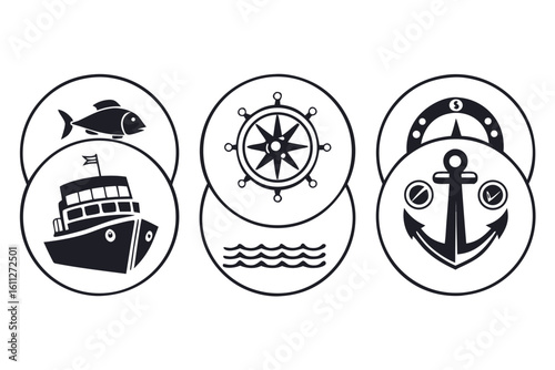 Nautical Icons Ship Compass Anchor Fish Waves.