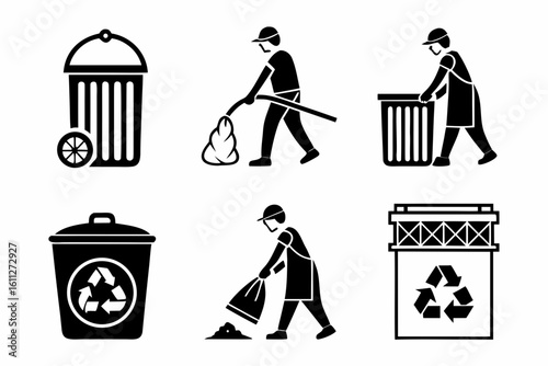 Sanitation Worker Icons Trash Collection and Recycling.