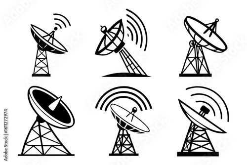 Satellite Dish Antenna Icons for Communication and Technology.