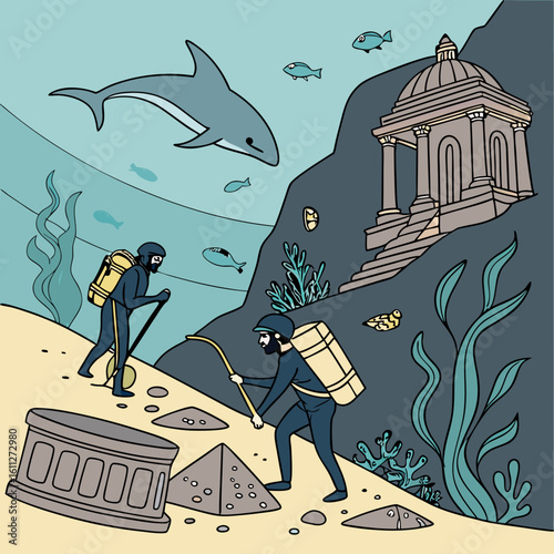 Underwater Divers Exploring Ancient Submerged Ruins with Shark