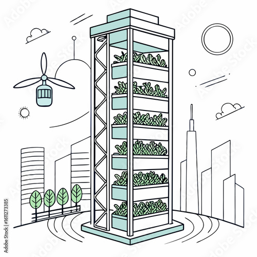 Vertical Farm in Urban Cityscape: Futuristic Sustainable Food Production