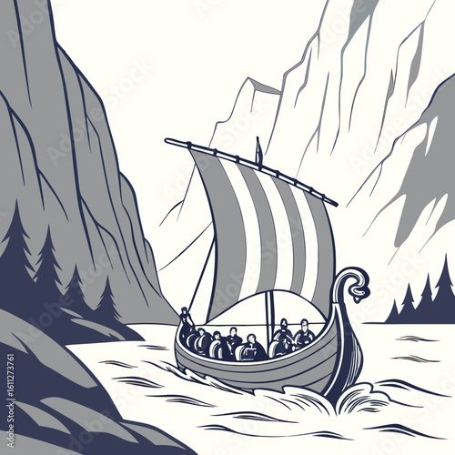 Viking Longship Sailing Through a Fjord