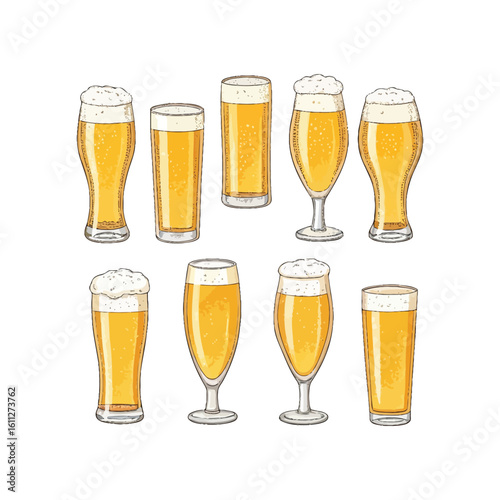 Collection of assorted beer glasses filled with golden lager beer isolated on white background