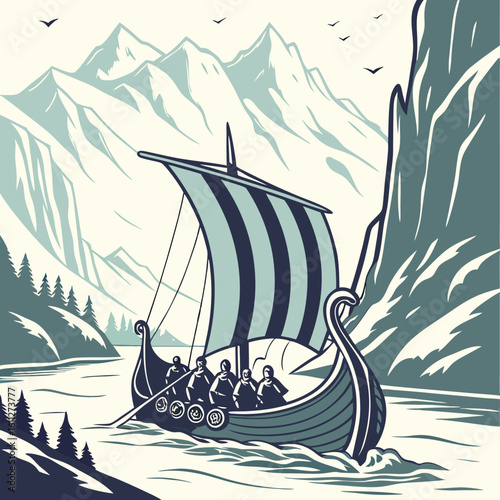 Viking Longship Sailing Through a Fjord Between Mountains
