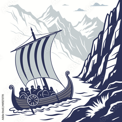 Viking Longship Sailing Through a Fjord