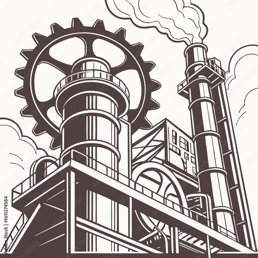 Obraz premium Vintage Industrial Factory Illustration with Gears and Smokestack