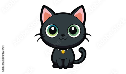 Cute cartoon black cat with big green eyes and a gold collar