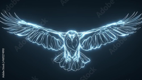 Glowing Neon Owl Spreading Wings, Abstract Digital Art, Dark Background.