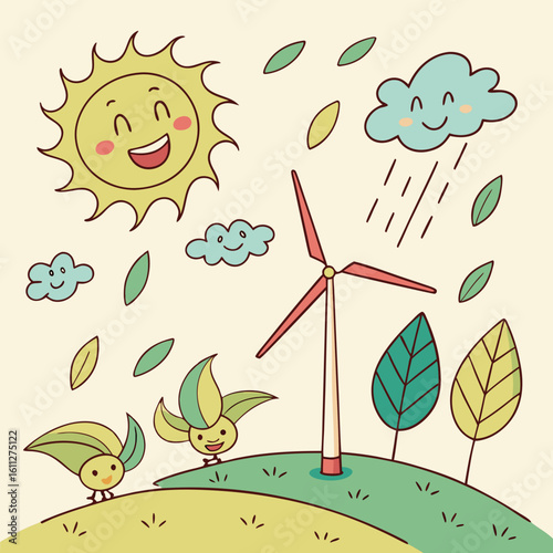 Whimsical Cartoon Illustration of a Windmill in a Bright Sunny Landscape