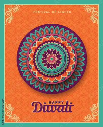Diwali festival greeting card with colorful rangoli background
