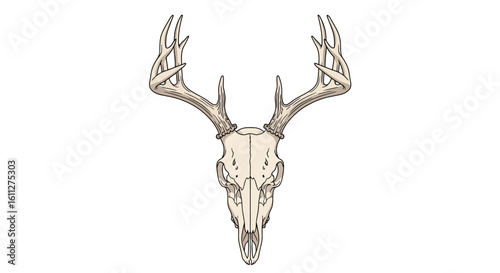 Detailed Illustration of a Deer Skull with Large Antlers Isolated on White