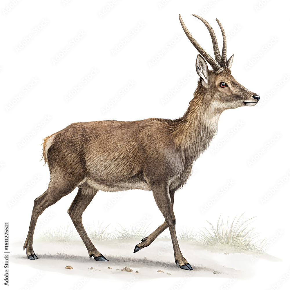 Obraz premium A male nilgai stands on a snowy surface. The animal has a brown coat, long legs, and distinct curved horns. It is native to the Indian subcontinent.