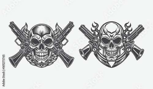 Intricate skull and crossed firearms emblem design with detailed ornamentation isolated on white background silhouette